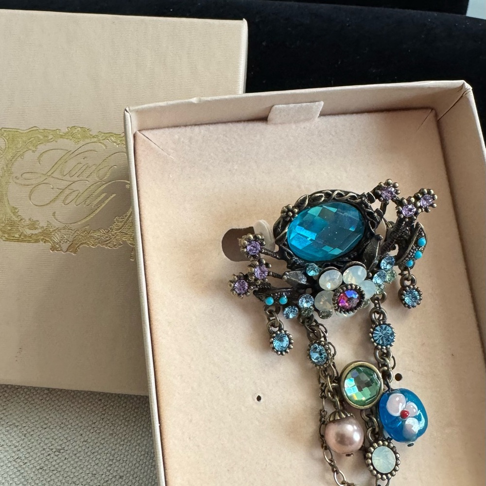 Kirks Folly Whimsical Antique Gold Brooch w/ Beautiful Blue & MultiColor Stones
